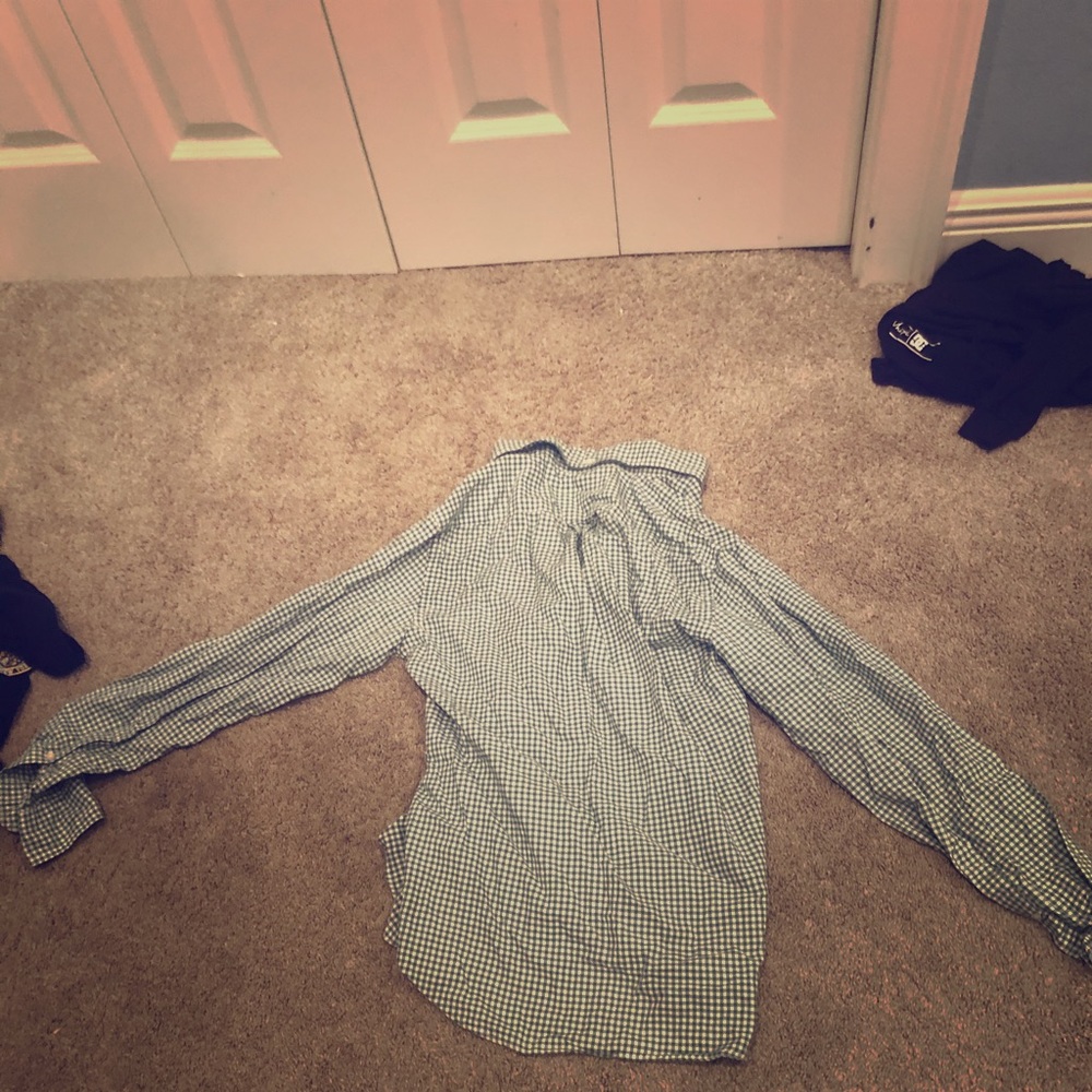 J. Crew green and white checkered long polo small